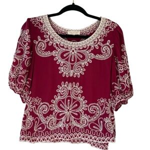 Solitaire Burgundy Embroidered Blouse balloon sleeve boho SzL